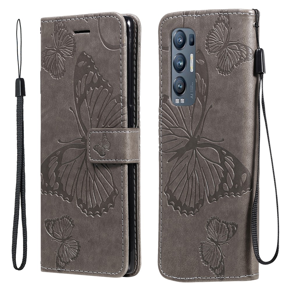 Imprint Butterfly Leather Wallet Stand Case Shell for OPPO Find X3 Neo/Reno5 Pro Plus 5G - Grey-1