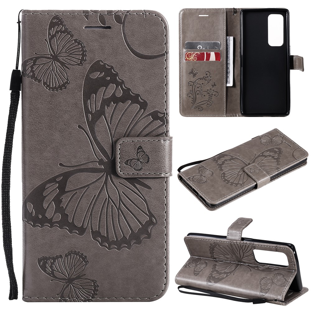 Imprint Butterfly Leather Wallet Stand Case Shell for OPPO Find X3 Neo/Reno5 Pro Plus 5G - Grey-10