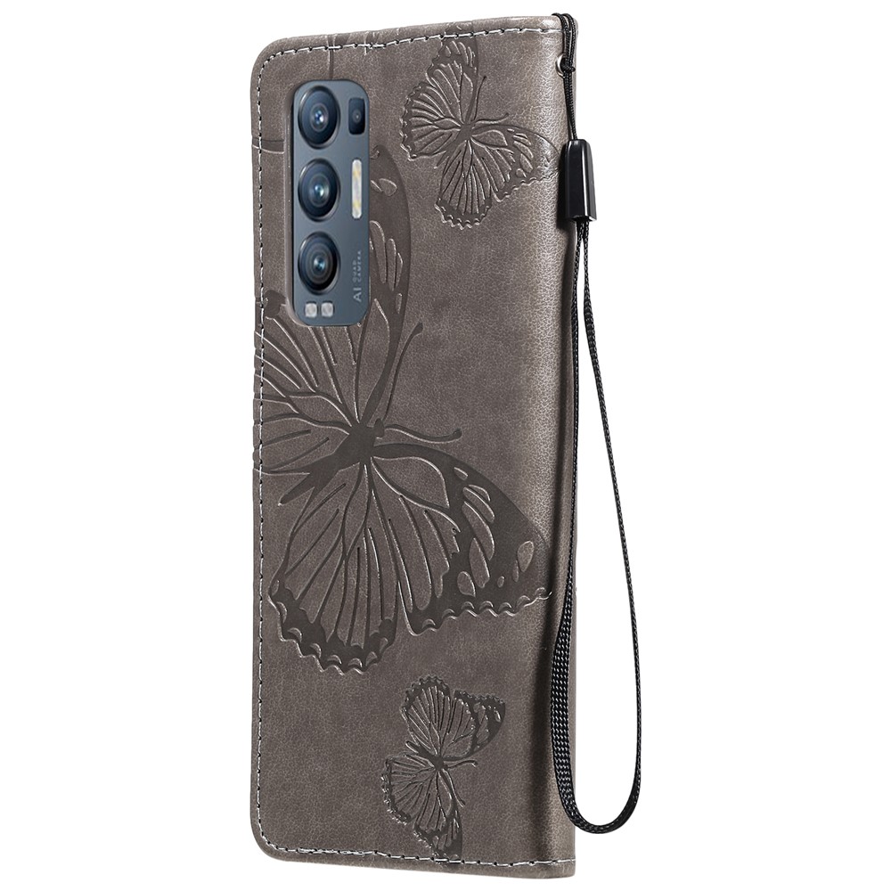 Imprint Butterfly Leather Wallet Stand Case Shell for OPPO Find X3 Neo/Reno5 Pro Plus 5G - Grey-3