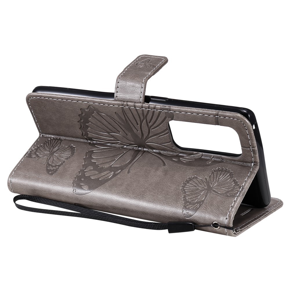 Imprint Butterfly Leather Wallet Stand Case Shell for OPPO Find X3 Neo/Reno5 Pro Plus 5G - Grey-5