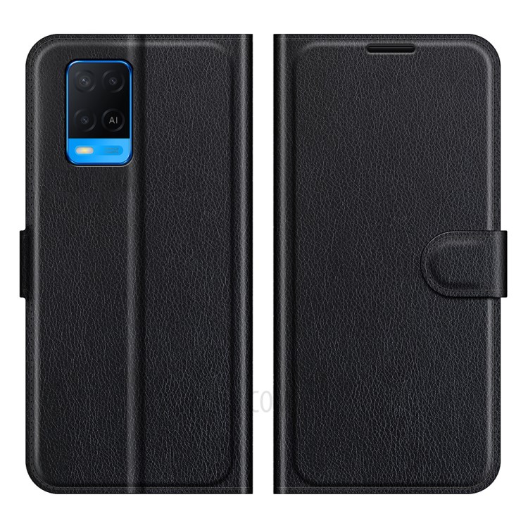 Litchi Texture Leather Wallet Phone Stand Case Cover for Oppo A54 4G - Black-1
