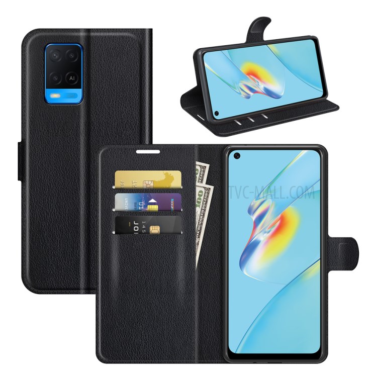 Litchi Texture Leather Wallet Phone Stand Case Cover for Oppo A54 4G - Black-7