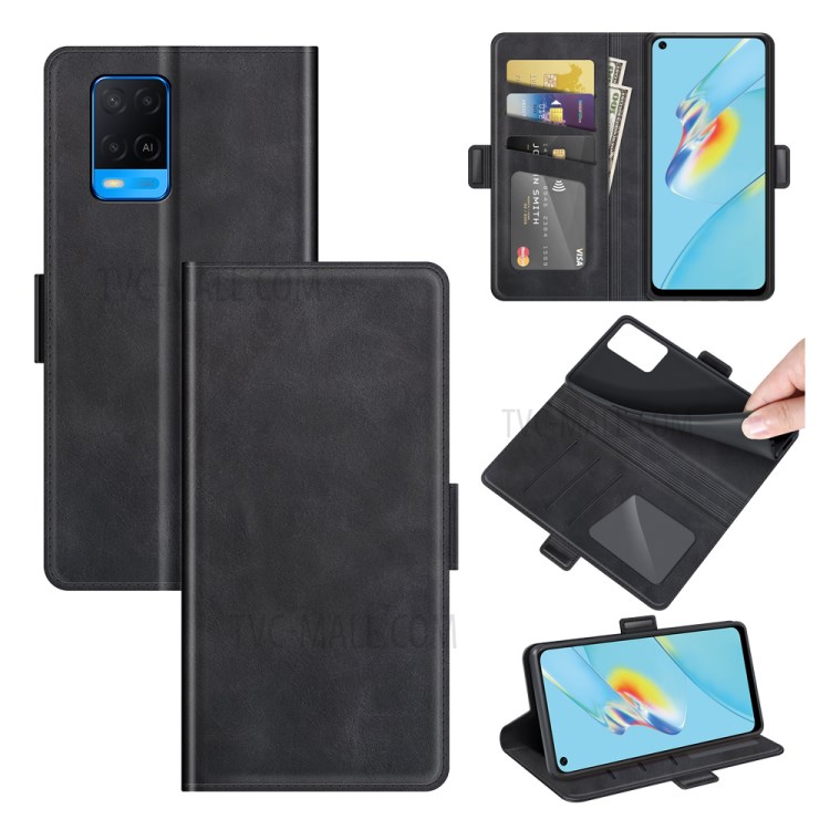 Double Clasp Magnetic Closure Wallet Stand PU Leather Phone Case Shell for Oppo A54 4G - Black-7