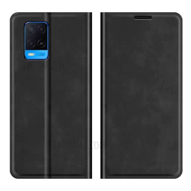 Skin-touch Leather Cover Auto-absorbed Protective Case with Wallet Stand for Oppo A54 4G - Black-1