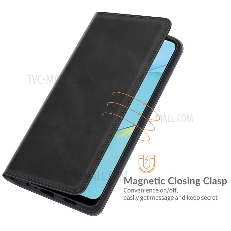 Skin-touch Leather Cover Auto-absorbed Protective Case with Wallet Stand for Oppo A54 4G - Black-3