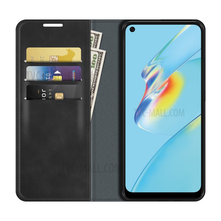 Skin-touch Leather Cover Auto-absorbed Protective Case with Wallet Stand for Oppo A54 4G - Black-5