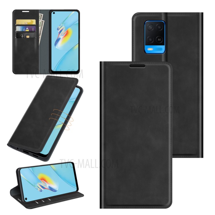Skin-touch Leather Cover Auto-absorbed Protective Case with Wallet Stand for Oppo A54 4G - Black-7