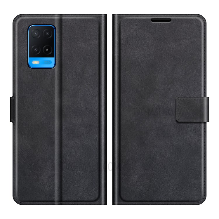 Leather Wallet Stand Protective Case Magnetic Square Clasp Cover for Oppo A54 4G - Black-1