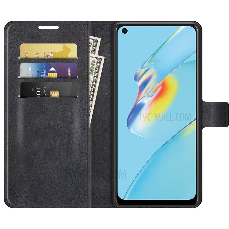 Leather Wallet Stand Protective Case Magnetic Square Clasp Cover for Oppo A54 4G - Black-5