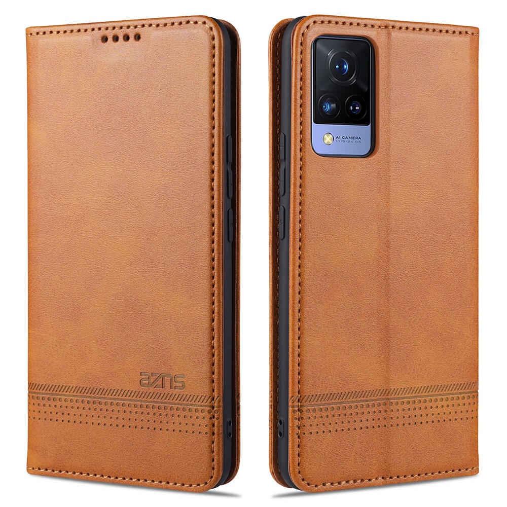 AZNS Stand Wallet Case Auto-absorbed Magnetic Leather Phone Shell for vivo V21 4G - Brown-1