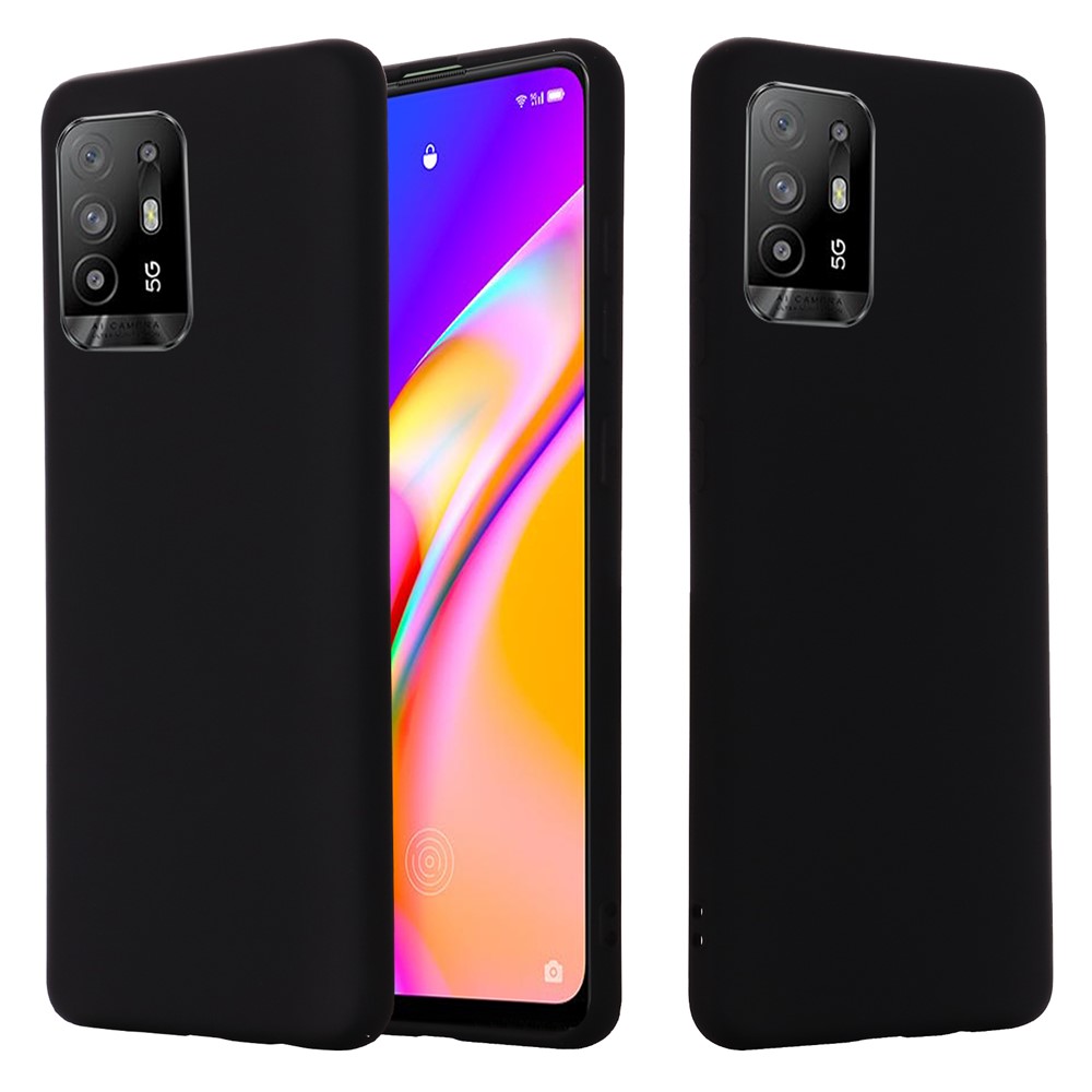 Solid Color Liquid Silicone Soft Phone Case Protective Shell with Strap for Oppo F19 Pro+ 5G - Black-2