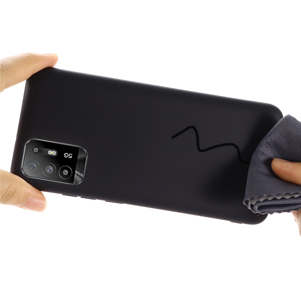 Solid Color Liquid Silicone Soft Phone Case Protective Shell with Strap for Oppo F19 Pro+ 5G - Black-4