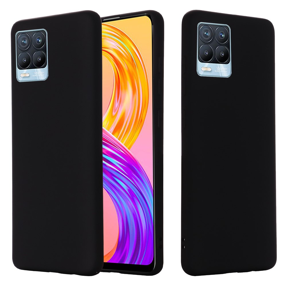Solid Color Liquid Silicone Soft Phone Case Protective Shell with Strap for Realme 8 / 8 Pro - Black-2