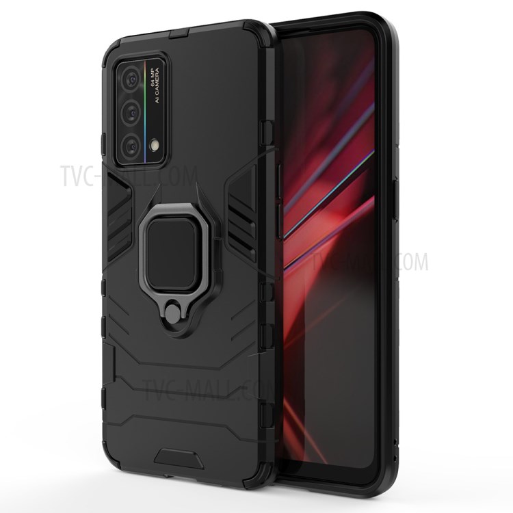 Full Protection PC + TPU Hybrid Phone Case with Rotary Finger Ring Kickstand for Oppo K9 - Black-1