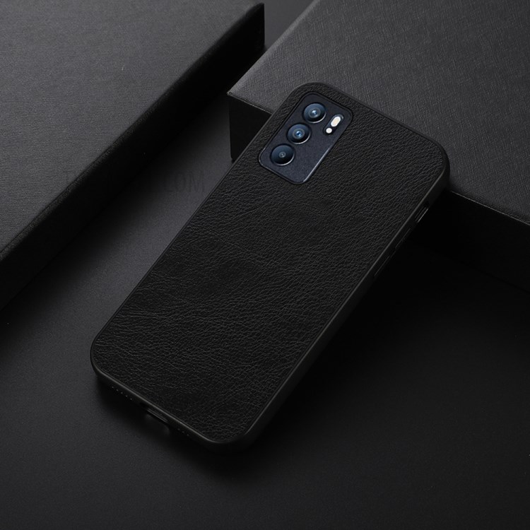 Litchi Skin PU Leather Coated TPU+PC Hard Cell Phone Cover Case for Oppo Reno6 5G - Black-2