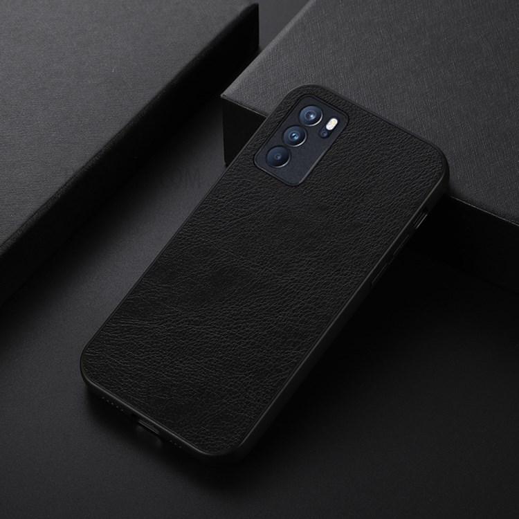 Drop-proof Litchi Skin PU Leather Coated TPU+PC Phone Back Cover Case Shell for Oppo Reno6 Pro 5G - Black-1