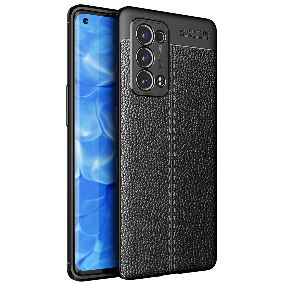 Litchi Textur Vollbedeckung Leder Flexible TPU -schutzhülle Für Oppo Reno6 Pro+ 5G/Pro 5G (Snapdragon) - Schwarz