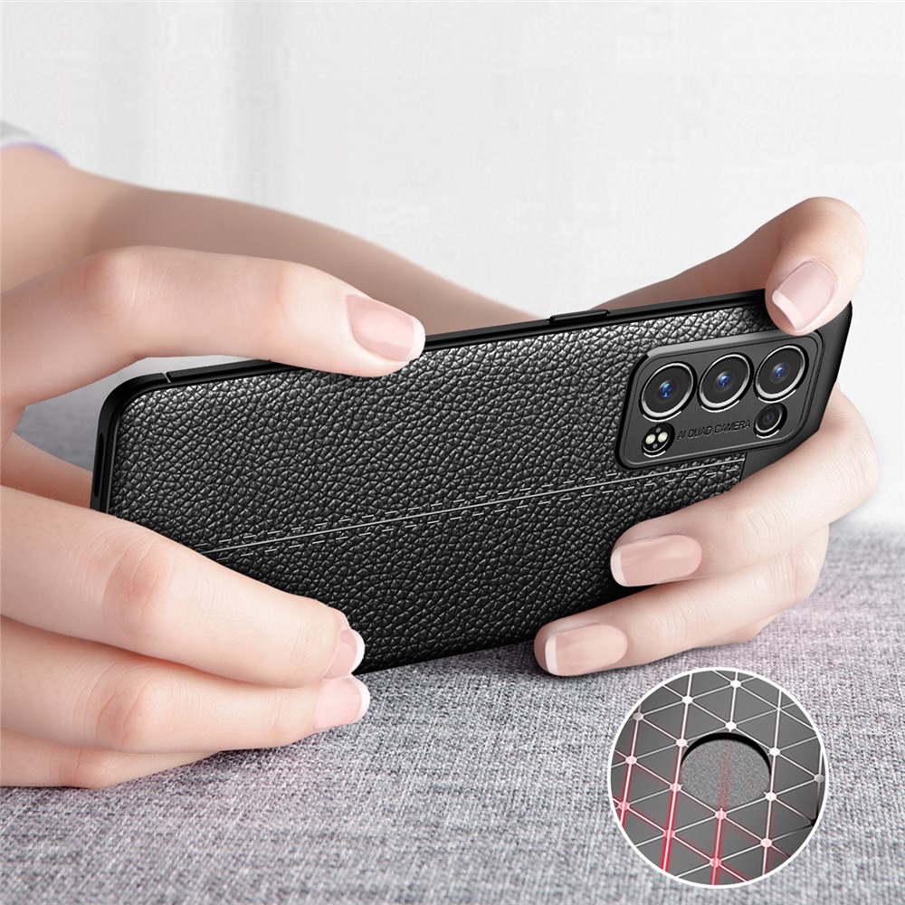 Texture Litchi Couverture Complète en Cuir Flexible TPU Protection de la Couverture Arrière Pour Oppo Reno6 Pro + 5G / Pro 5G (Snapdragon) - le Noir