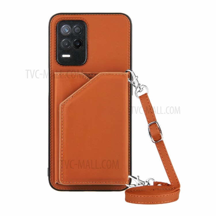 Card Holder Design Leather Kickstand Phone Case Cover with Shoulder Strap for Realme V13 5G / Realme 8 5G - Brown-1