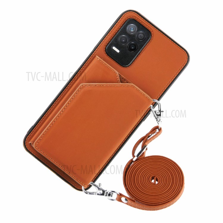 Card Holder Design Leather Kickstand Phone Case Cover with Shoulder Strap for Realme V13 5G / Realme 8 5G - Brown-2
