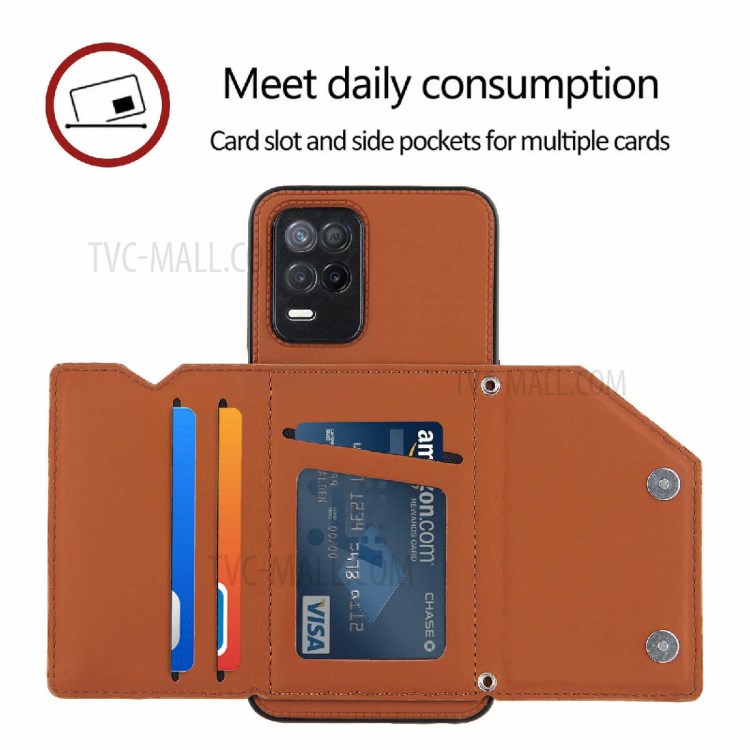 Card Holder Design Leather Kickstand Phone Case Cover with Shoulder Strap for Realme V13 5G / Realme 8 5G - Brown-3