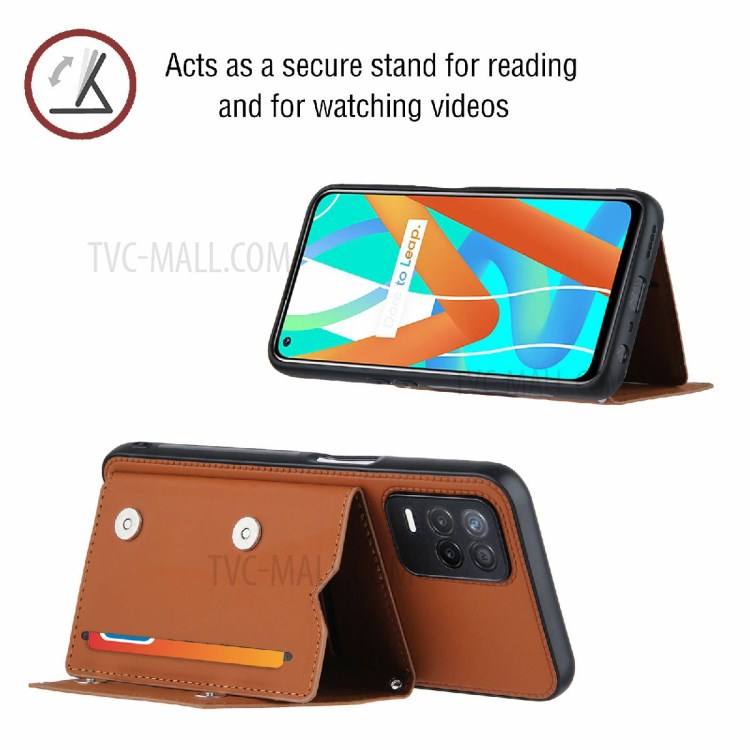 Card Holder Design Leather Kickstand Phone Case Cover with Shoulder Strap for Realme V13 5G / Realme 8 5G - Brown-4