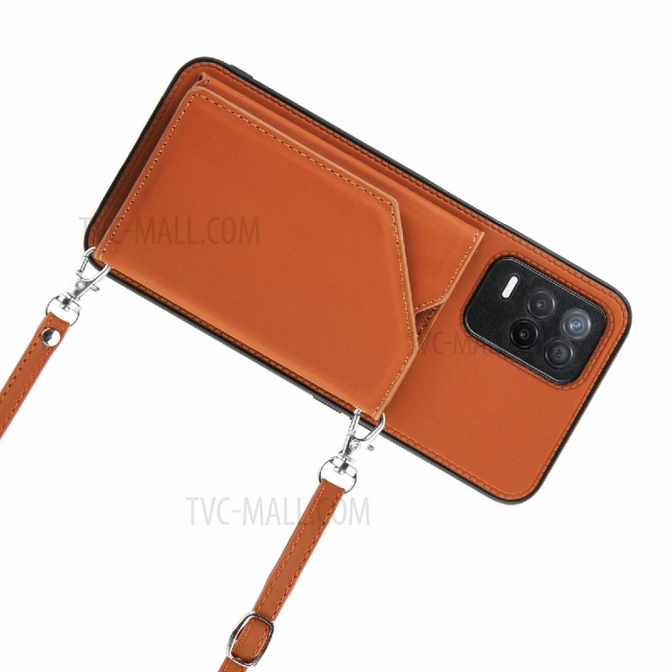 Card Holder Design Leather Kickstand Phone Case Cover with Shoulder Strap for Realme V13 5G / Realme 8 5G - Brown-6