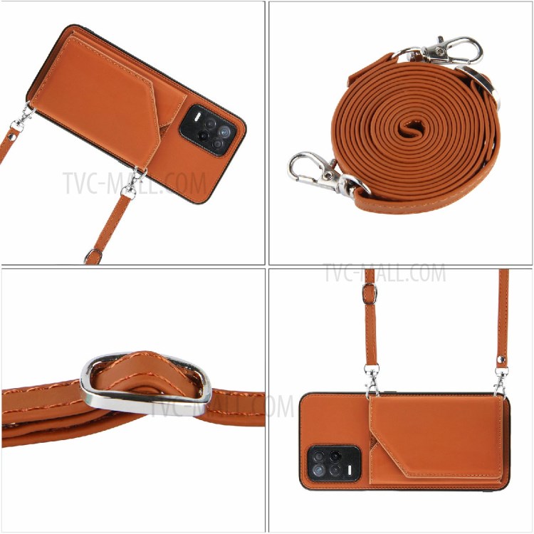 Card Holder Design Leather Kickstand Phone Case Cover with Shoulder Strap for Realme V13 5G / Realme 8 5G - Brown-7