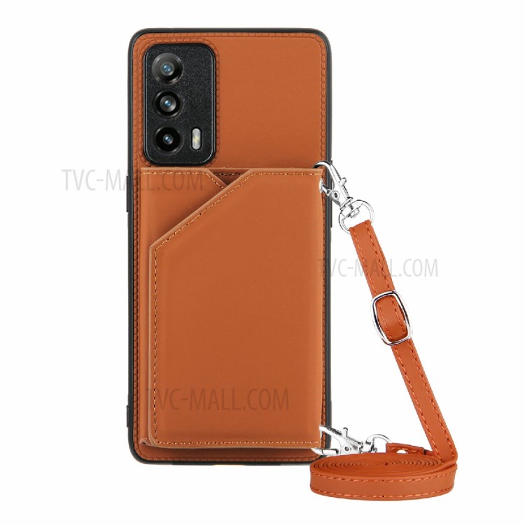 Kickstand Card Holder Glossy Leather TPU Hybrid Case Cover for Realme X7 Pro / Realme X7 Pro Ultra - Brown-1