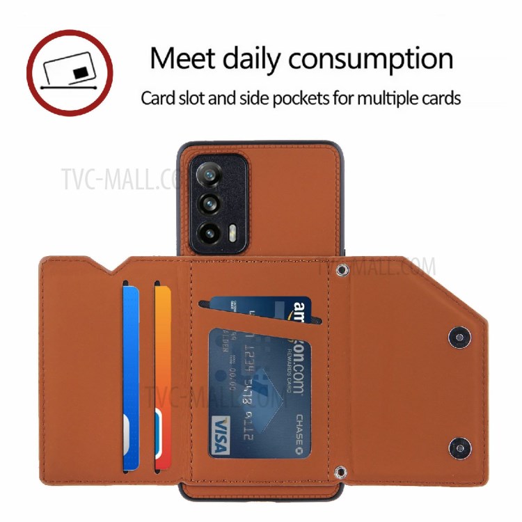 Kickstand Card Holder Glossy Leather TPU Hybrid Case Cover for Realme X7 Pro / Realme X7 Pro Ultra - Brown-3