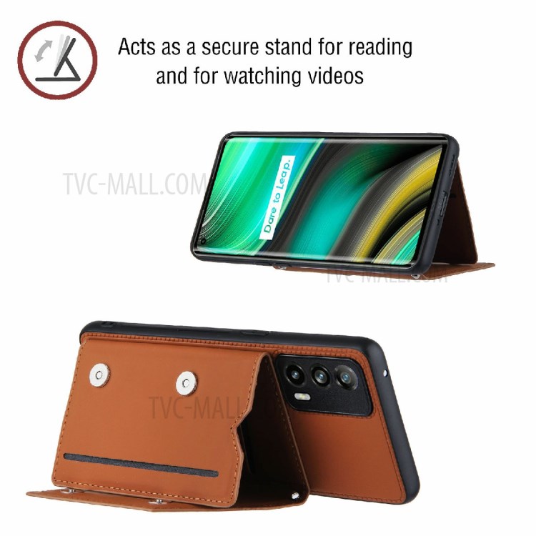 Kickstand Card Holder Glossy Leather TPU Hybrid Case Cover for Realme X7 Pro / Realme X7 Pro Ultra - Brown-4