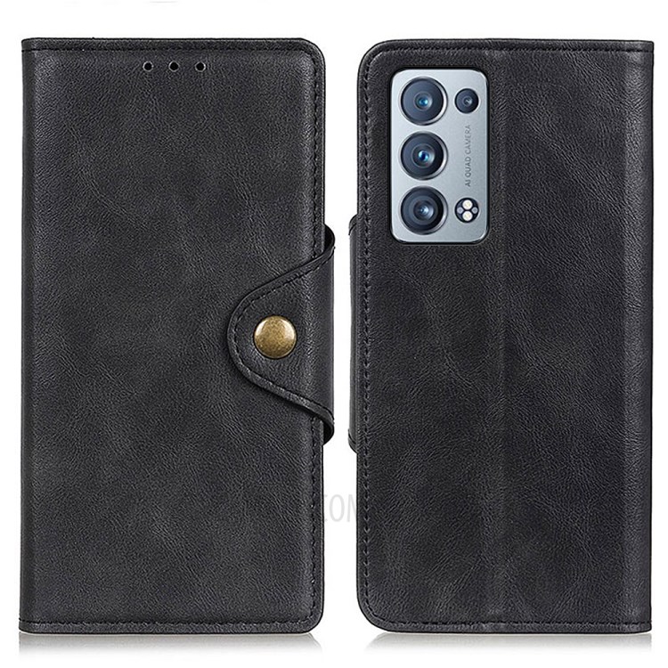 Stand Design PU Leather Wallet Case with Magnetic Brass Buckle for Oppo Reno6 Pro+ 5G - Black-1