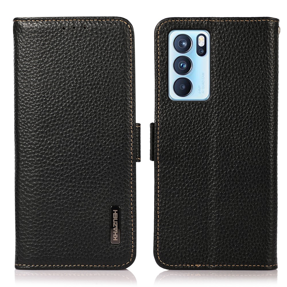 KHAZNEH Full Protection Litchi Texture Genuine Leather Anti-theft Swiping Design Phone Case with Oppo Reno6 Pro 5G - Black-1