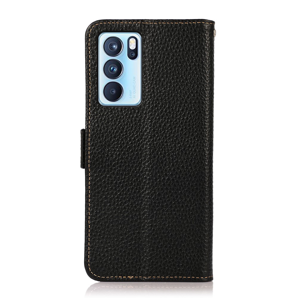 KHAZNEH Full Protection Litchi Texture Genuine Leather Anti-theft Swiping Design Phone Case with Oppo Reno6 Pro 5G - Black-2