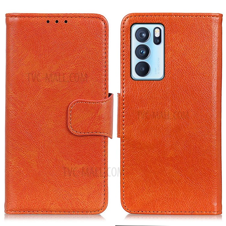 Nappa Texture Split Leather Phone Cover Stand Wallet Shell for Oppo Reno6 Pro 5G - Orange-1