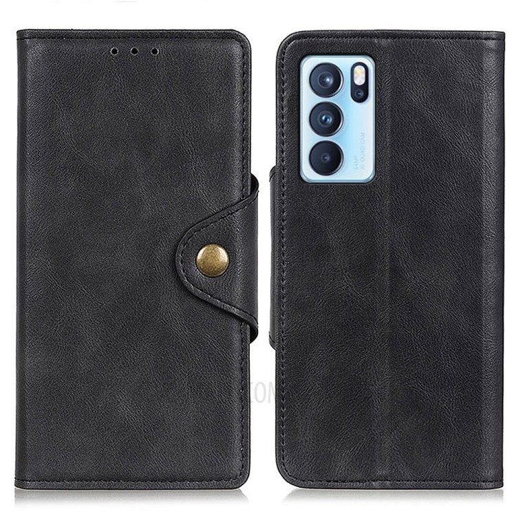 PU Leather Wallet Stand Case with Magnetic Closure Brass Buckle for Oppo Reno6 Pro 5G - Black-1