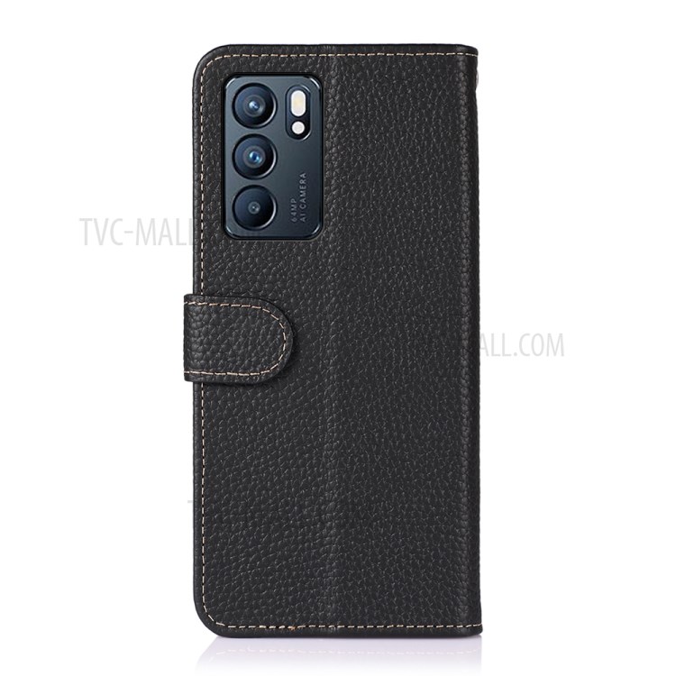 KHAZNEH Wallet Stand Design Litchi Texture Top Layer Genuine Leather Phone Case for Oppo Reno6 5G - Black-3