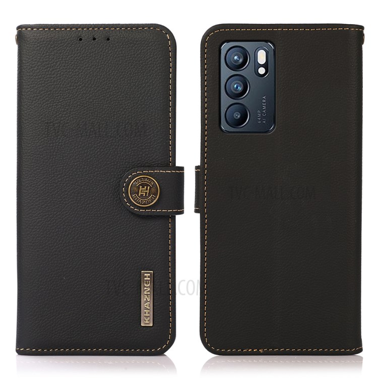 KHAZNEH Genuine Leather Wallet Stand Phone Cover with RFID Anti-theft Swiping Design for Oppo Reno6 5G - Black-1