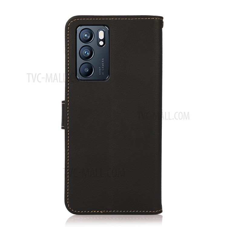 KHAZNEH Genuine Leather Wallet Stand Phone Cover with RFID Anti-theft Swiping Design for Oppo Reno6 5G - Black-3
