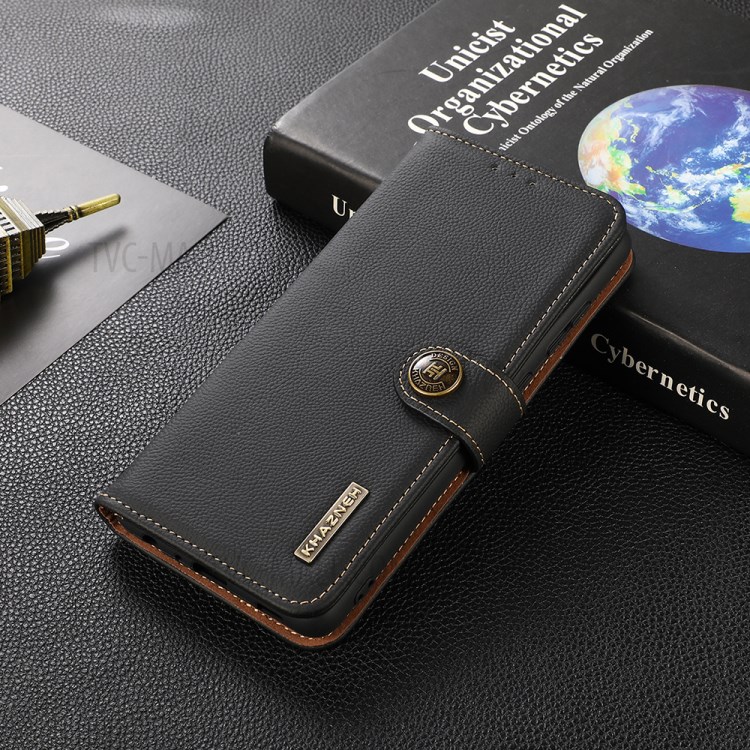 KHAZNEH Genuine Leather Wallet Stand Phone Cover with RFID Anti-theft Swiping Design for Oppo Reno6 5G - Black-9