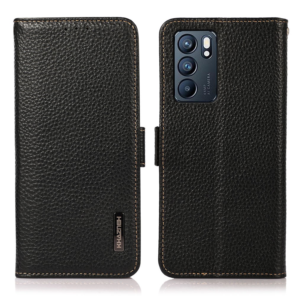 KHAZNEH Litchi Texture Genuine Leather Anti-theft Swiping Design Phone Case Cover for Oppo Reno6 5G - Black-1