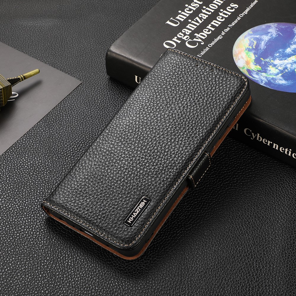 KHAZNEH Litchi Texture Genuine Leather Anti-theft Swiping Design Phone Case Cover for Oppo Reno6 5G - Black-9
