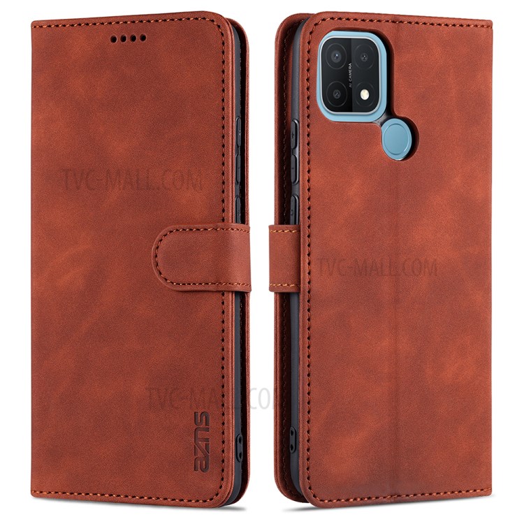 AZNS PU Leather Phone Cover Shell with Stand for OPPO A15/A35(4G) - Brown-1