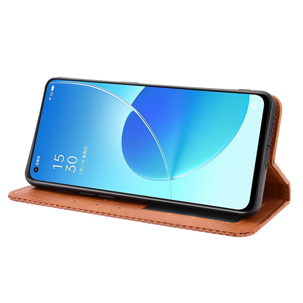 Vintage Style Magnetic Auto-absorbed Protective Wallet Stand Leather Phone Shell for Oppo Reno6 5G - Brown-4