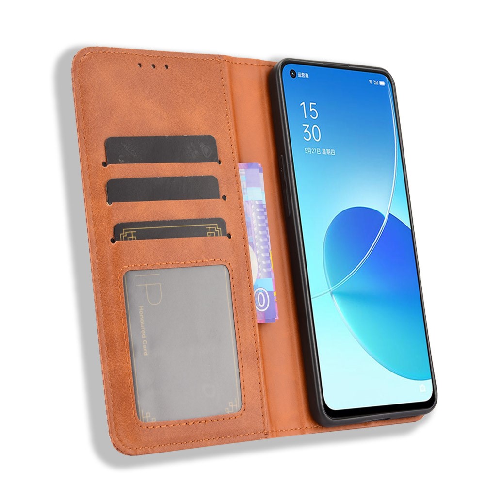 Vintage Style Magnetic Auto-absorbed Protective Wallet Stand Leather Phone Shell for Oppo Reno6 5G - Brown-5