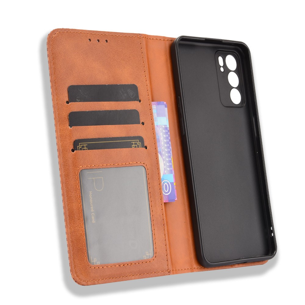 Vintage Style Magnetic Auto-absorbed Protective Wallet Stand Leather Phone Shell for Oppo Reno6 5G - Brown-6