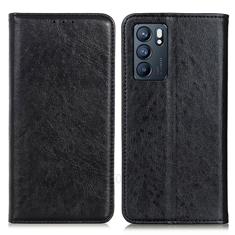 Crazy Horse Texture Auto-absorbed Wallet Stand PU Leather Phone Case for Oppo Reno6 5G - Black-1