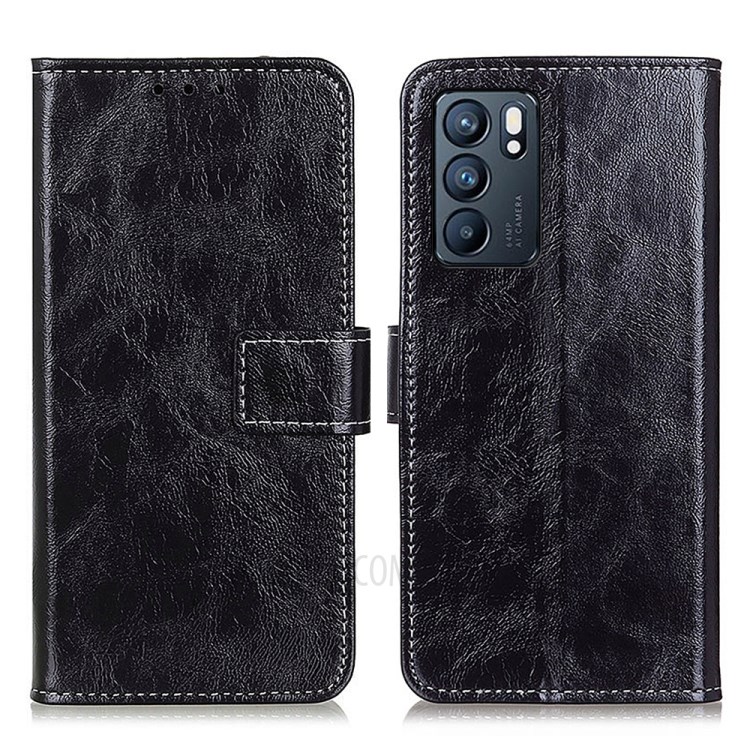 Vintage Wallet Stand Design Crazy Horse Texture Leather Phone Case for Oppo Reno6 5G - Black-1