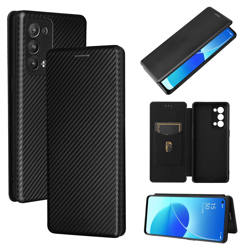 Textura de Fibra de Carbono Auto-absorvido Por Telefone Celular Protetive Stand Case Para Oppo Reno6 Pro+ 5G/Pro 5G (Snapdragon) - Preto