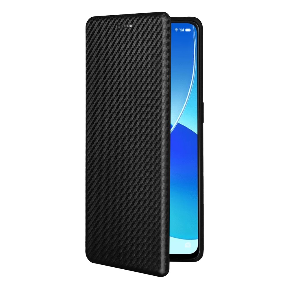 Textura de Fibra de Carbono Auto-absorvido Por Telefone Celular Protetive Stand Case Para Oppo Reno6 Pro+ 5G/Pro 5G (Snapdragon) - Preto